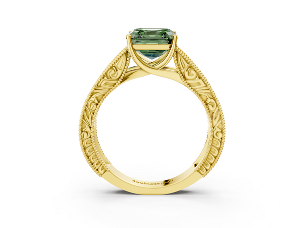 Yellow Gold Asscher Cut Vintage Engraved Solitaire Engagement Ring Setting for Fancy Green Center