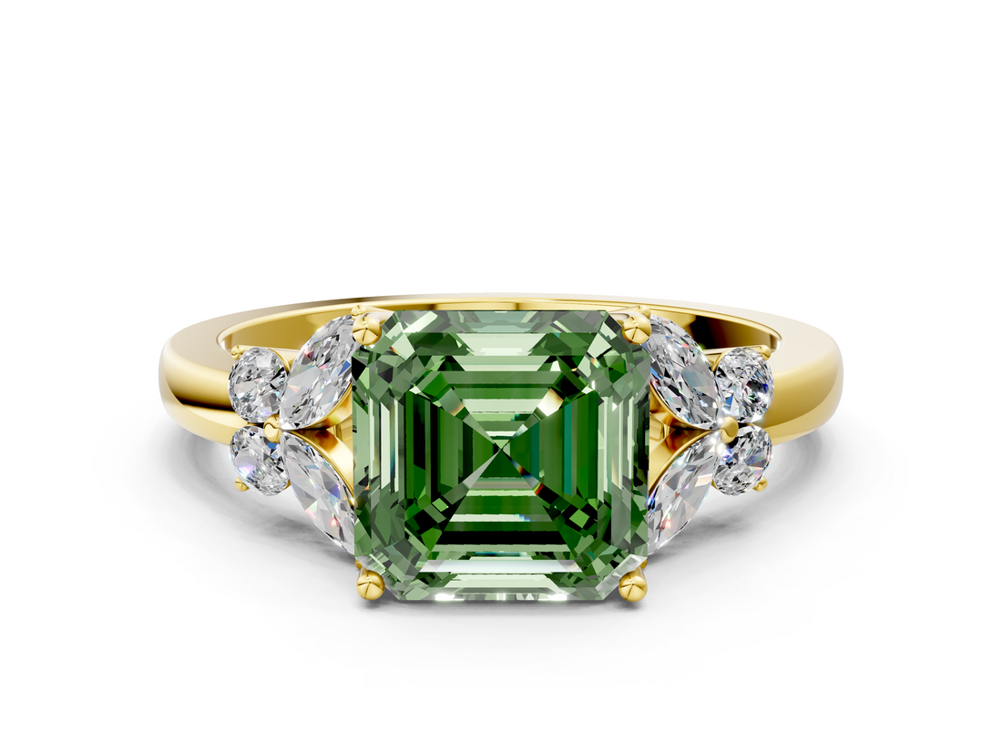 Yellow gold Fancy Green Asscher  Cut Solitaire Floral Diamond Ring with Four-Prong Setting_10
