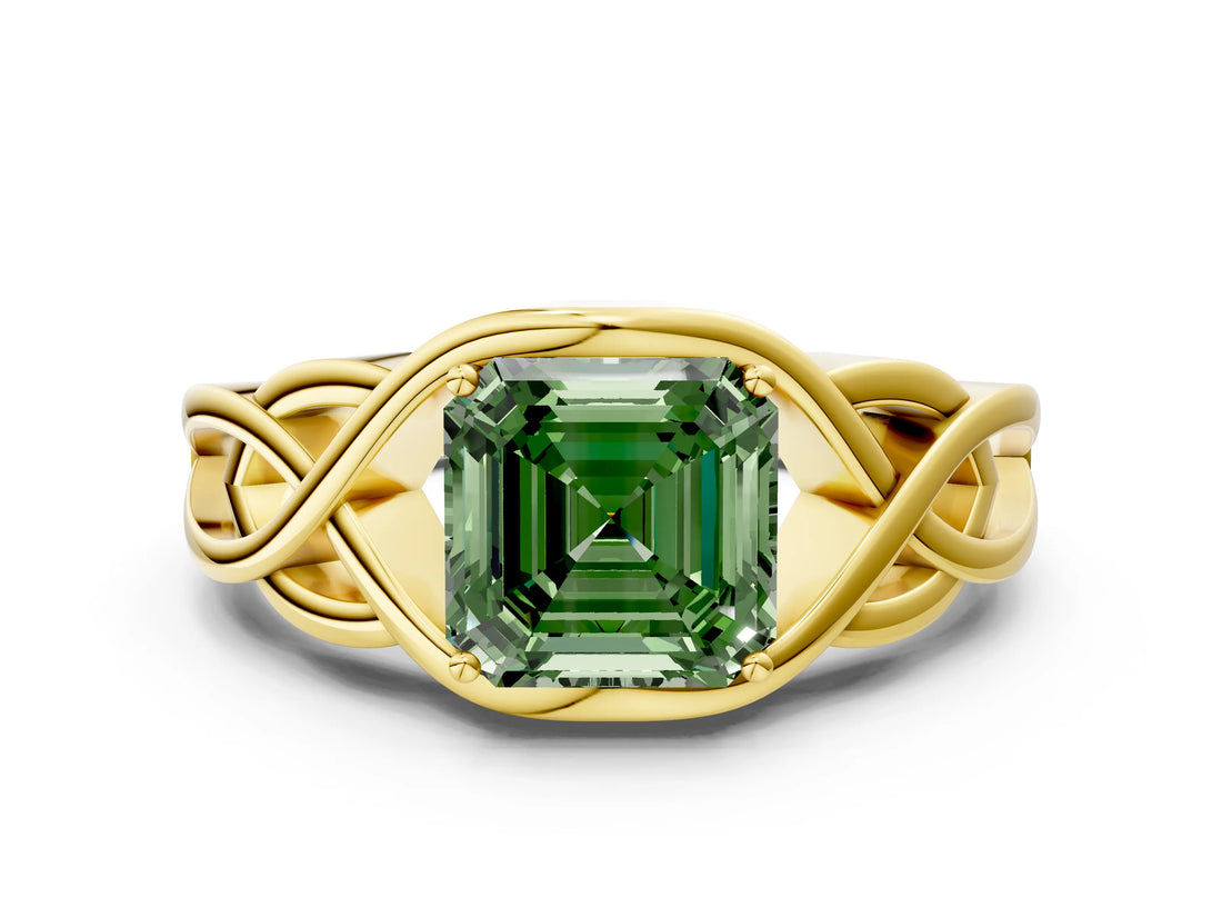 Yellow gold Fancy Green Asscher Cut Solitaire Intertwined Band Prong Setting Ring