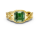 Yellow gold Fancy Green Asscher Cut Solitaire Intertwined Band Prong Setting Ring