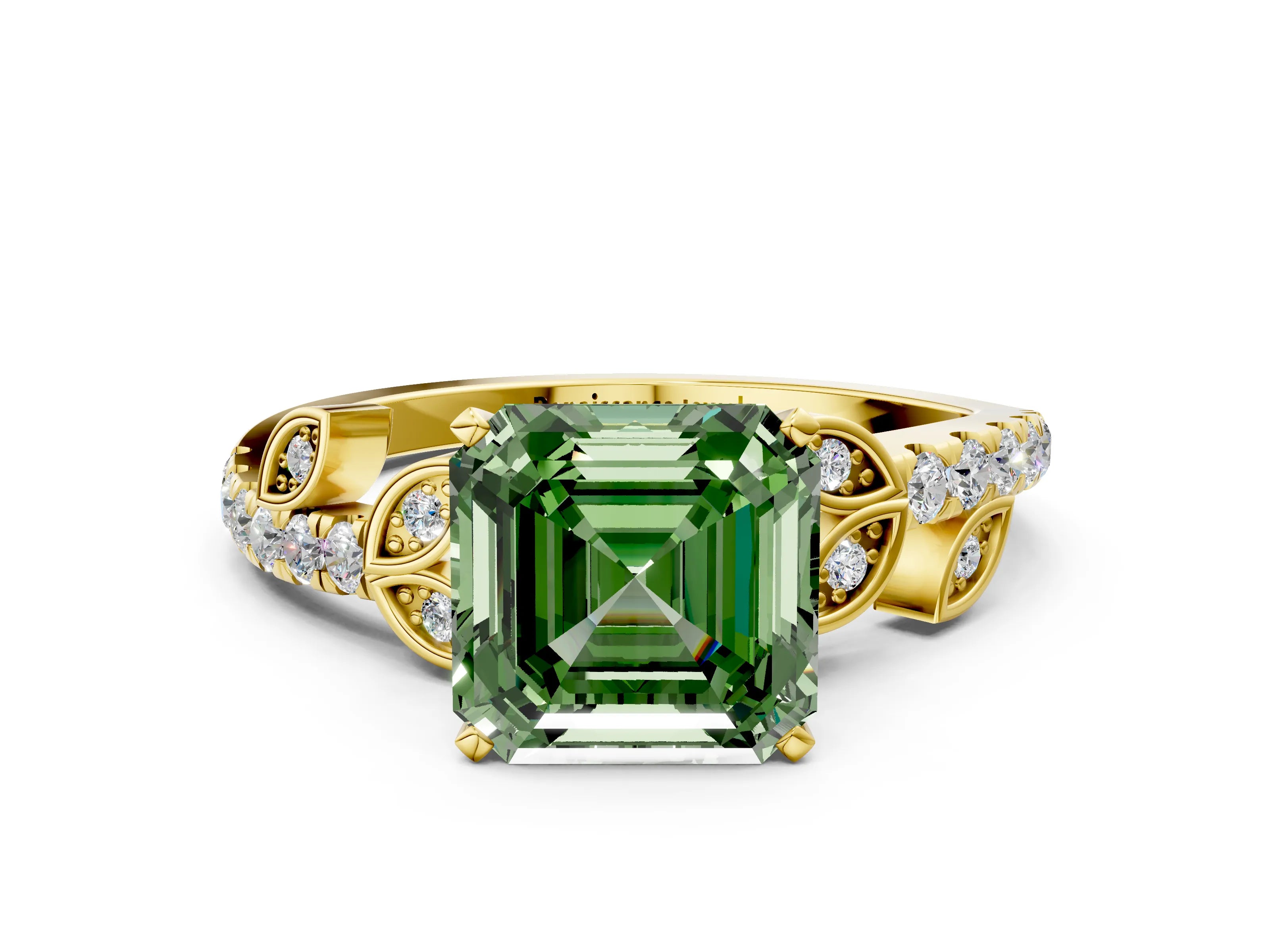 Yellow gold Fancy Green Asscher Cut Solitaire Leaf-Inspired Diamond Ring with Pavé Band and Four-Prong Setting