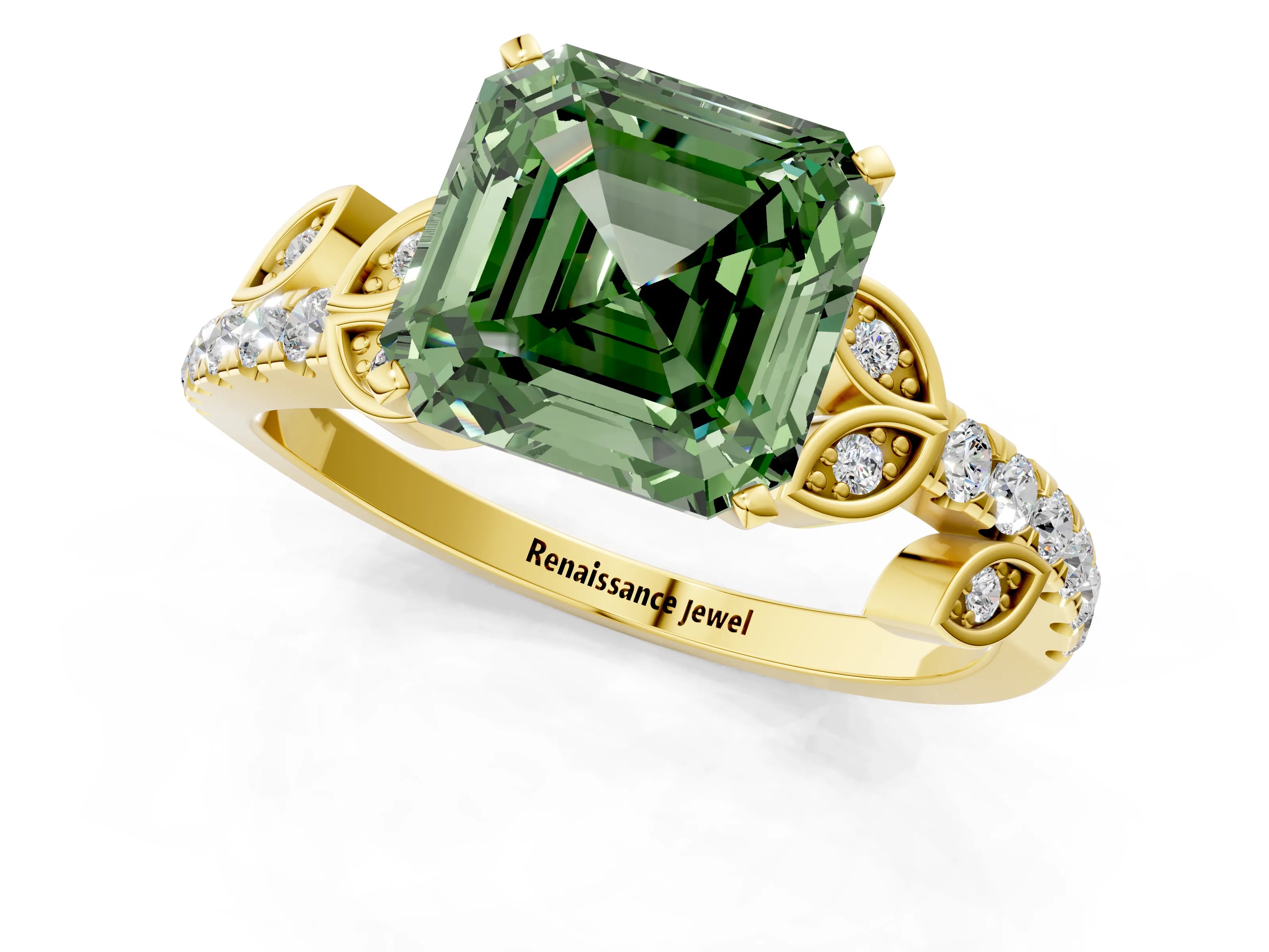 Yellow gold Fancy Green Asscher Cut Solitaire Leaf-Inspired Diamond Ring with Pavé Band and Four-Prong Setting_1
