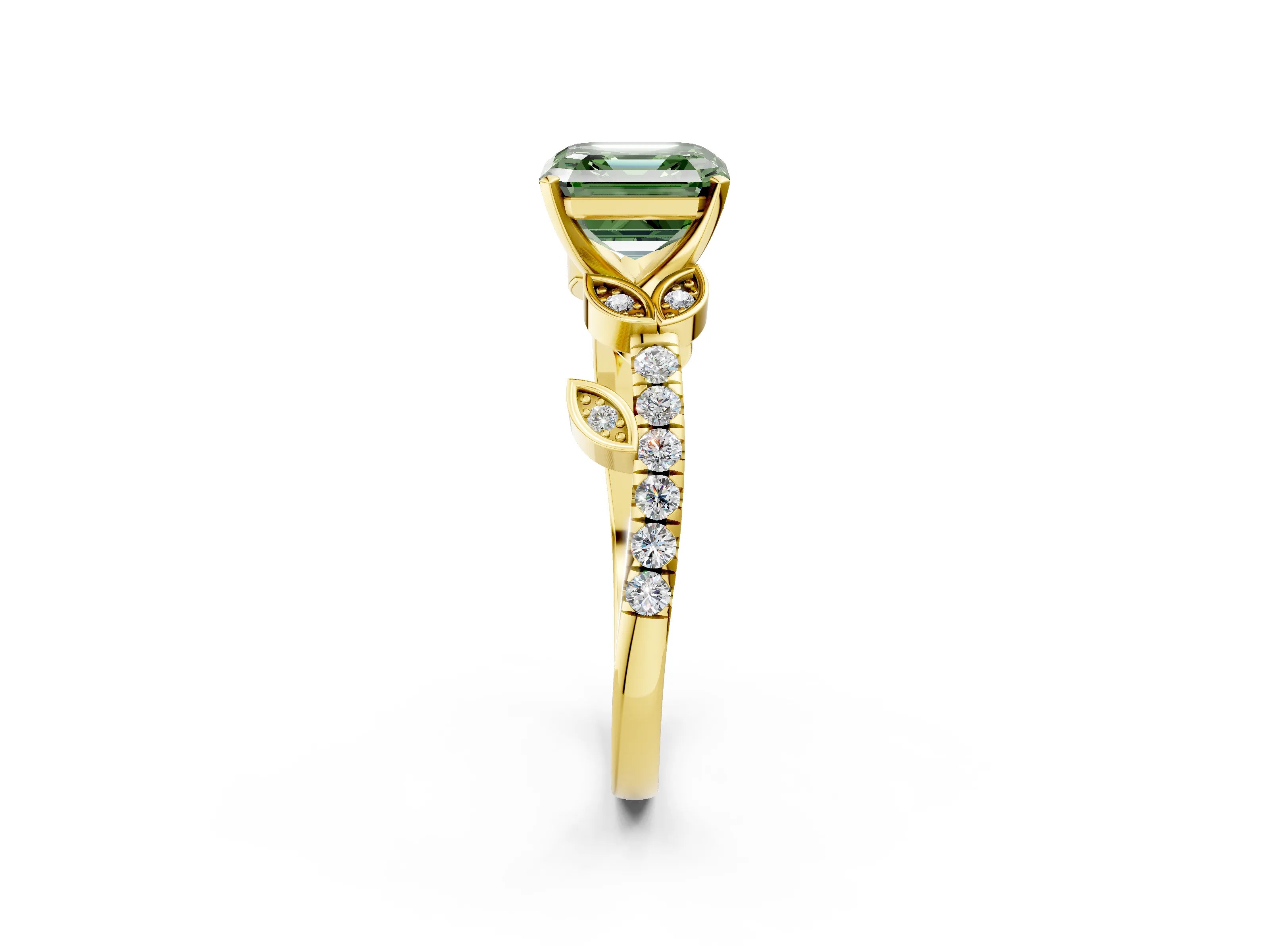 Yellow gold Fancy Green Asscher Cut Solitaire Leaf-Inspired Diamond Ring with Pavé Band and Four-Prong Setting_2