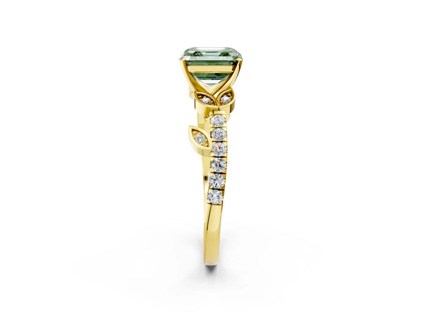 Yellow Gold Asscher Cut Leaf Solitaire Engagement Ring Setting for Fancy Green Center with Pave Band