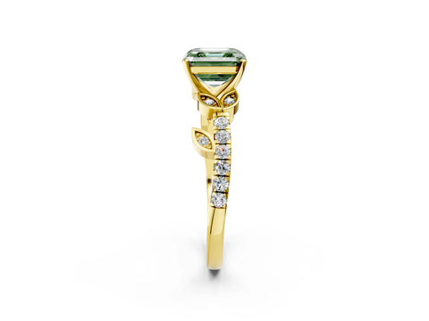 Yellow gold Fancy Green Asscher Cut Solitaire Leaf-Inspired Diamond Ring with Pavé Band and Four-Prong Setting_2