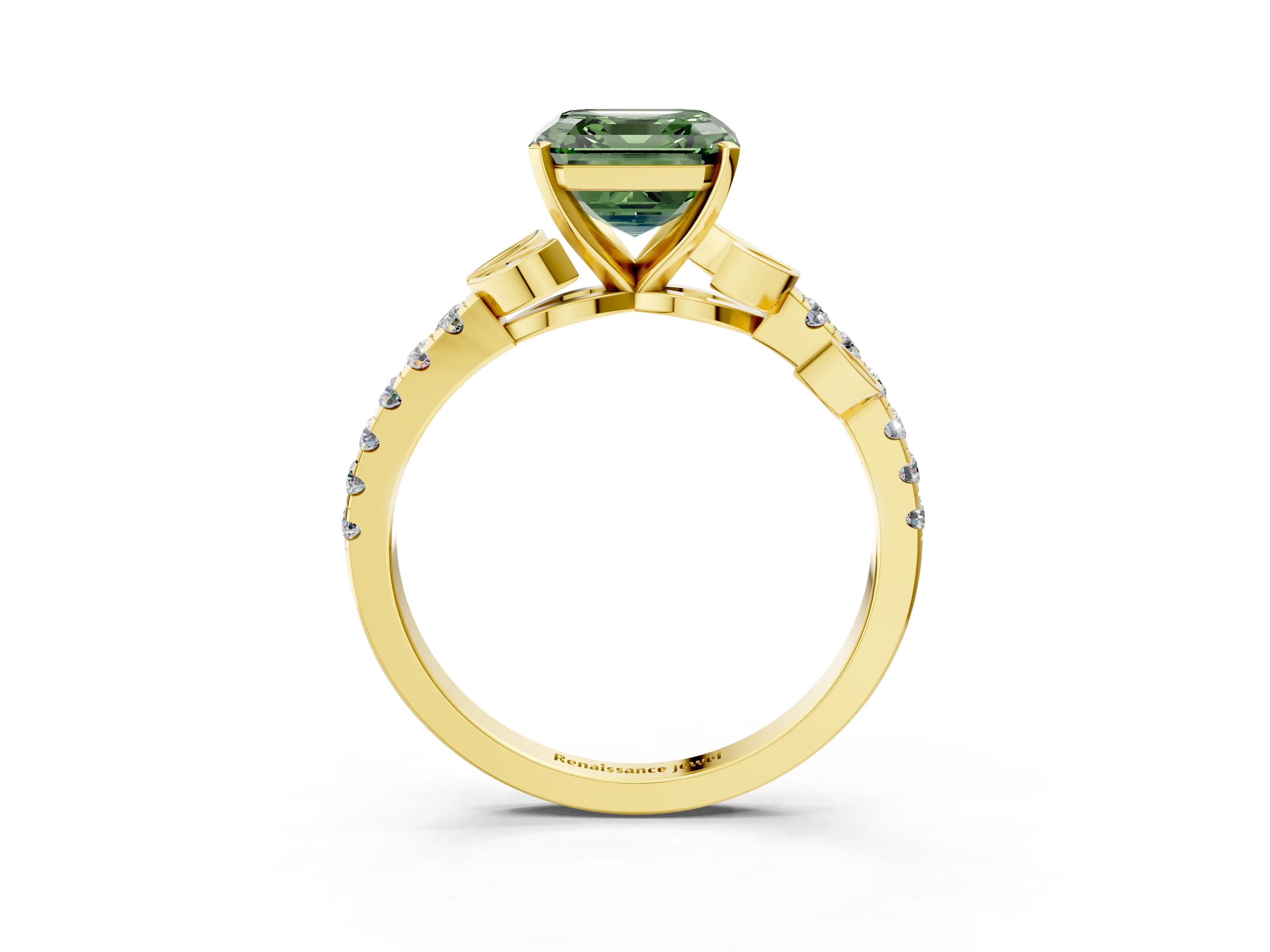 Yellow gold Fancy Green Asscher Cut Solitaire Leaf-Inspired Diamond Ring with Pavé Band and Four-Prong Setting_3