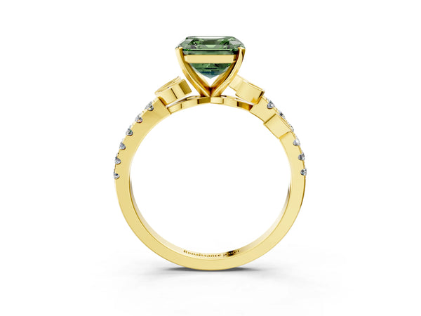 Yellow Gold Asscher Cut Leaf Solitaire Engagement Ring Setting for Fancy Green Center with Pave Band
