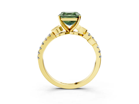Yellow gold Fancy Green Asscher Cut Solitaire Leaf-Inspired Diamond Ring with Pavé Band and Four-Prong Setting_3