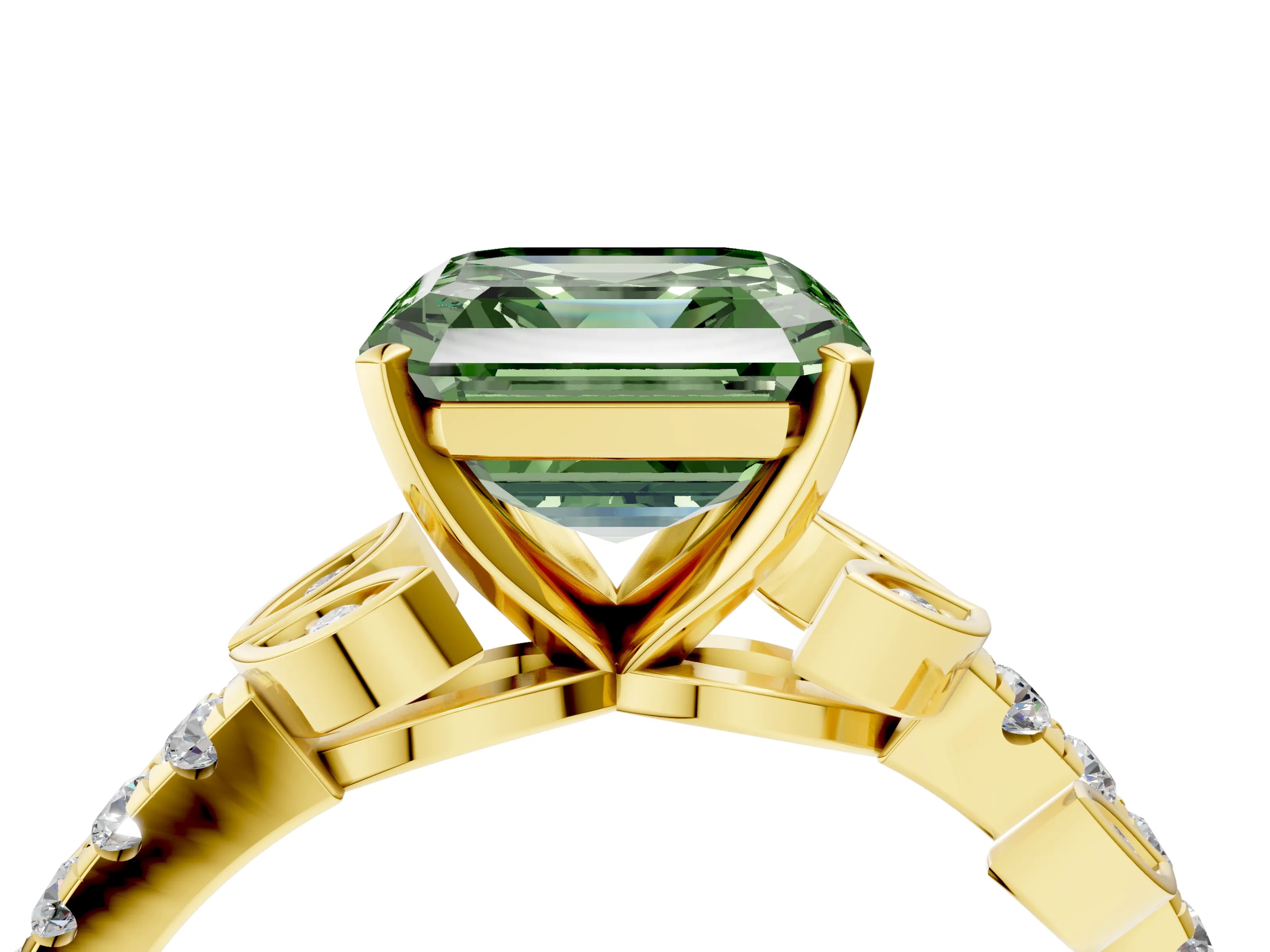 Yellow gold Fancy Green Asscher Cut Solitaire Leaf-Inspired Diamond Ring with Pavé Band and Four-Prong Setting_4