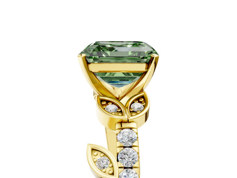 Yellow gold Fancy Green Asscher Cut Solitaire Leaf-Inspired Diamond Ring with Pavé Band and Four-Prong Setting_5