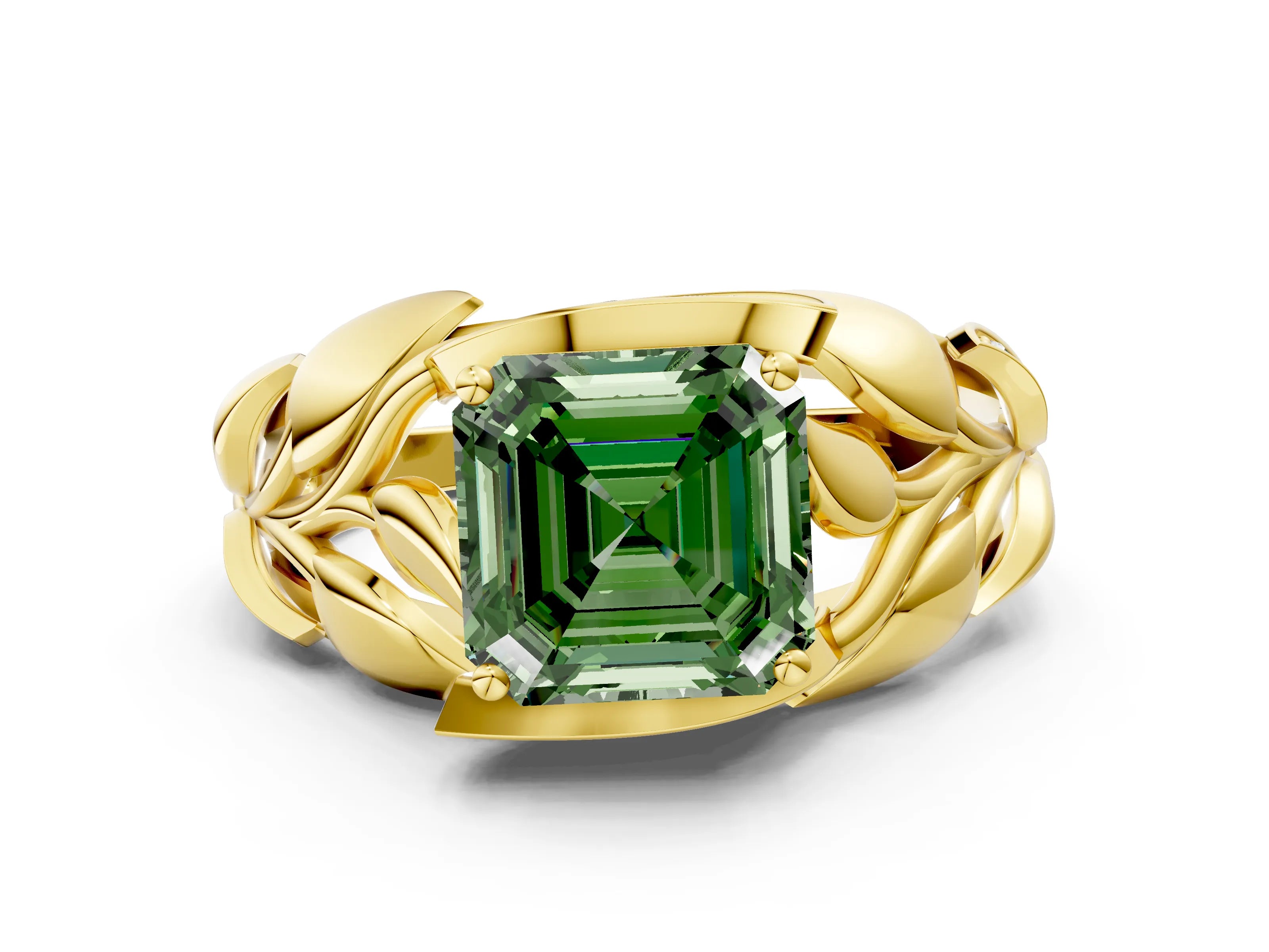 Yellow gold Fancy Green Asscher Cut Solitaire Leaf-Inspired Engagement Ring with Prong Setting
