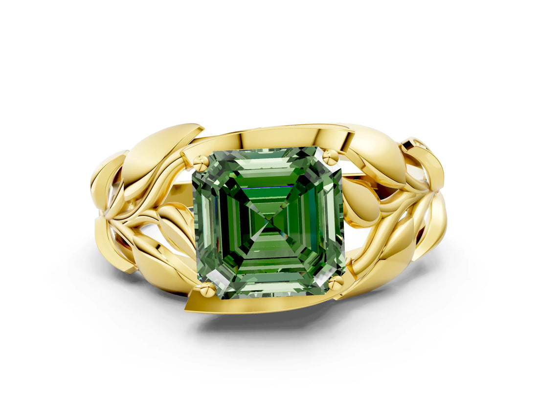 Yellow gold Fancy Green Asscher Cut Solitaire Leaf-Inspired Engagement Ring with Prong Setting_12