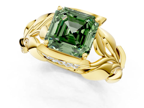 Yellow gold Fancy Green Asscher Cut Solitaire Leaf-Inspired Engagement Ring with Prong Setting_1