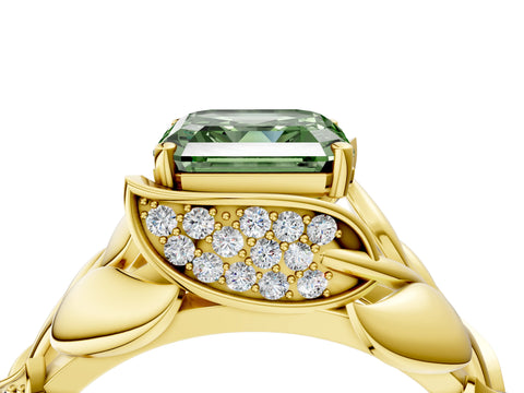 Yellow gold Fancy Green Asscher Cut Solitaire Leaf-Inspired Engagement Ring with Prong Setting_4