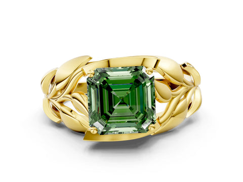 Yellow gold Fancy Green Asscher Cut Solitaire Leaf-Inspired Engagement Ring with Prong Setting