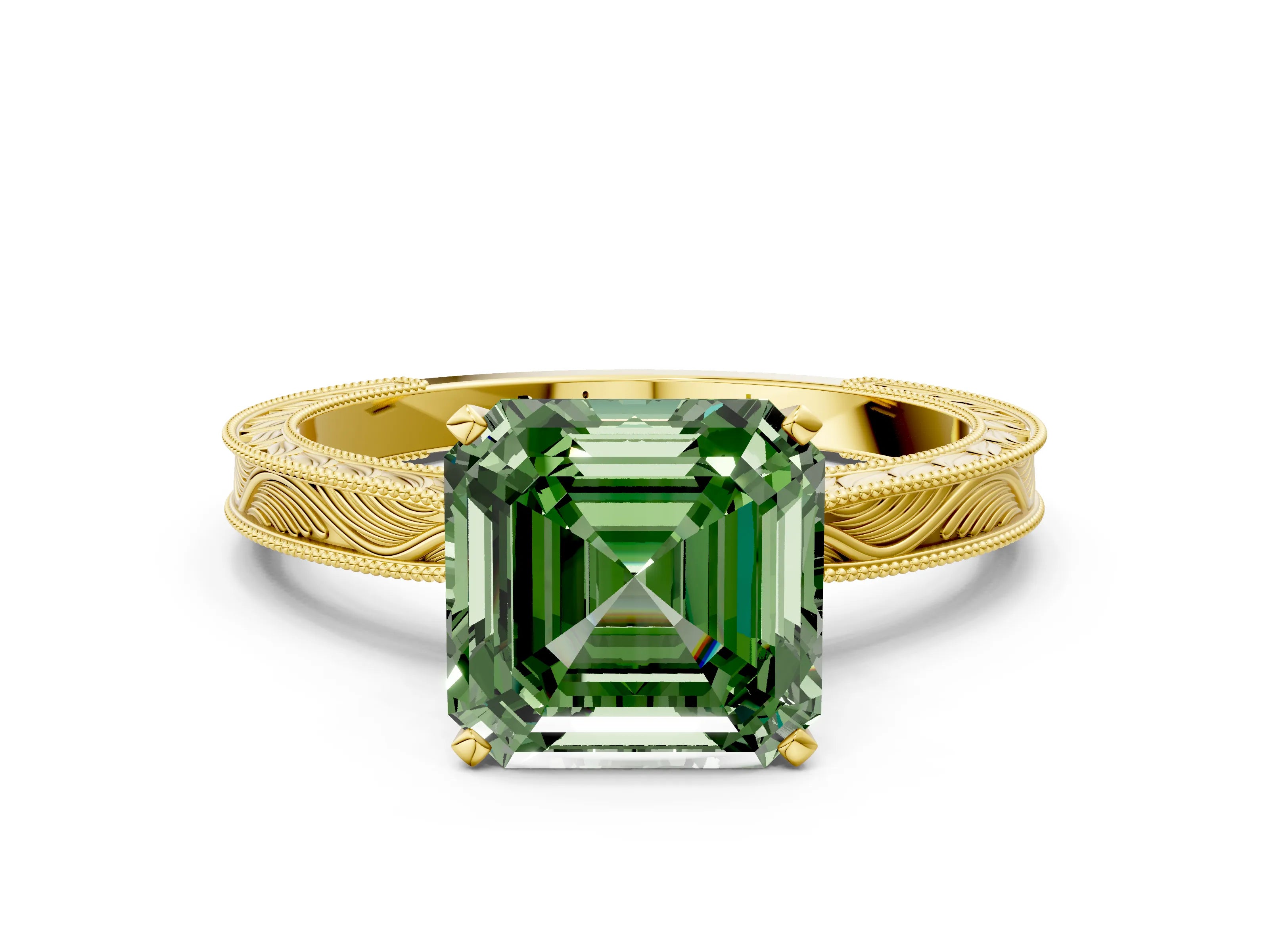 Yellow gold Fancy Green Asscher Cut Solitaire Milgrain Engraved Band with Four-Prong Setting