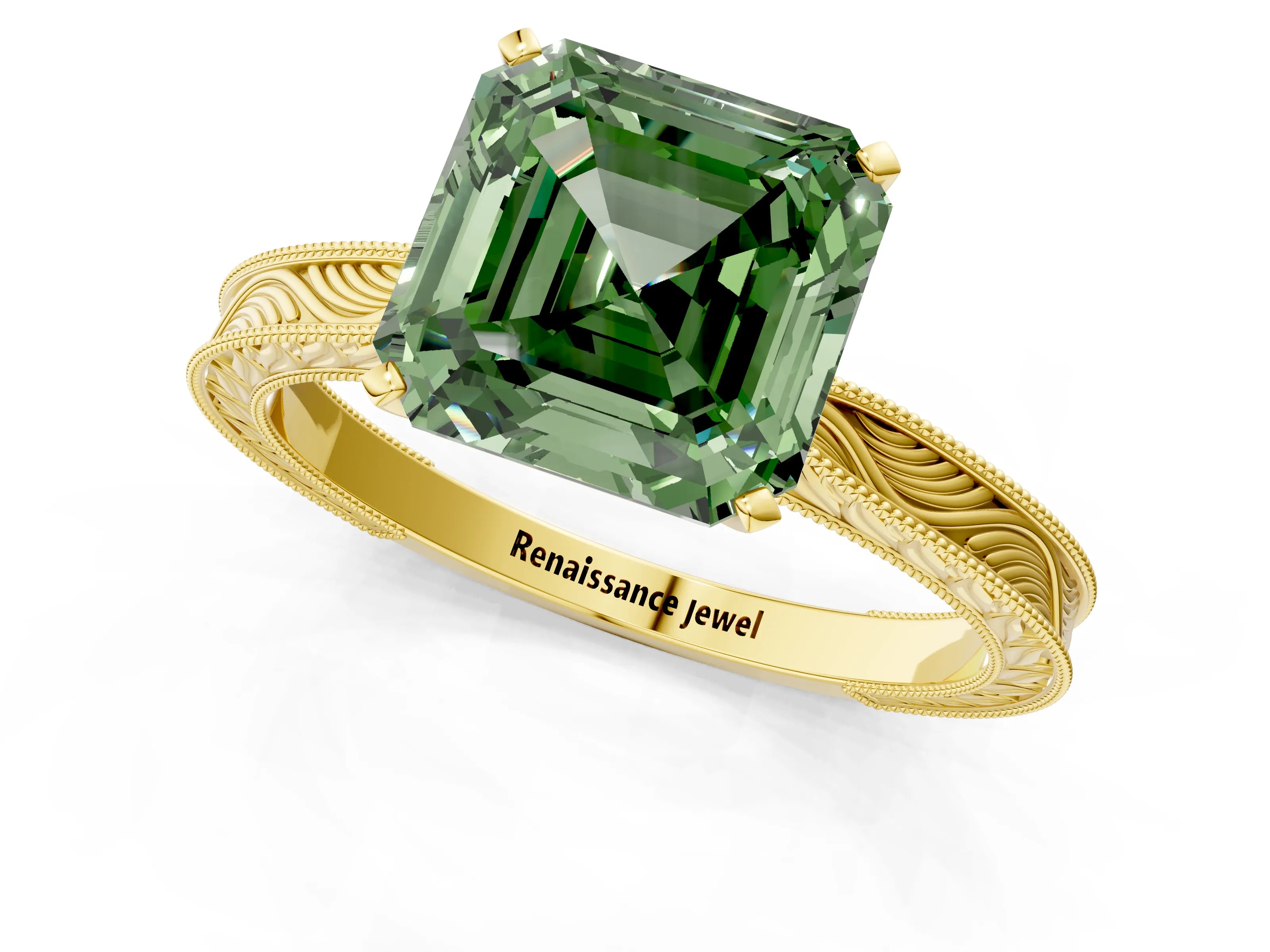 Yellow gold Fancy Green Asscher Cut Solitaire Milgrain Engraved Band with Four-Prong Setting_1