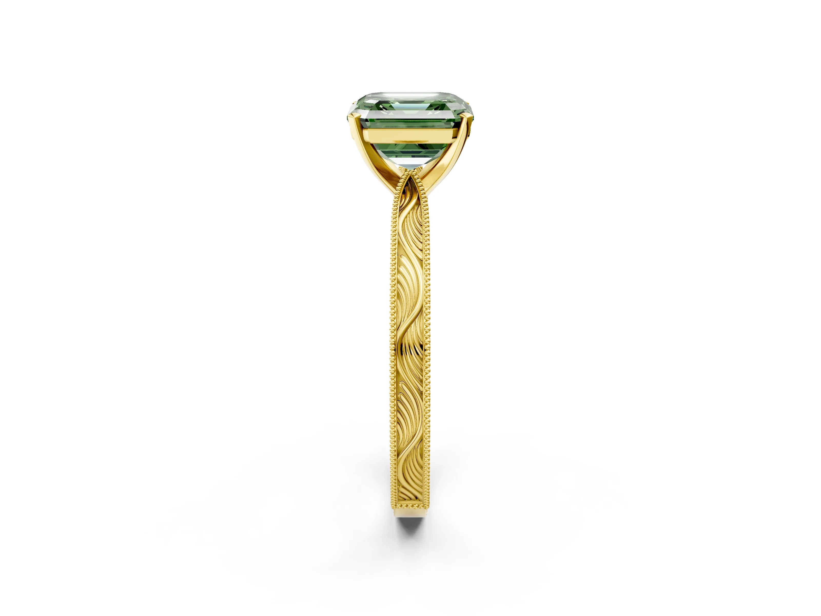 Yellow gold Fancy Green Asscher Cut Solitaire Milgrain Engraved Band with Four-Prong Setting_2