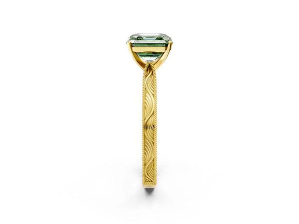 Yellow Gold Asscher Cut Solitaire Engagement Ring Setting for Fancy Green Center with Engraved Band
