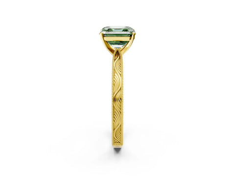 Yellow gold Fancy Green Asscher Cut Solitaire Milgrain Engraved Band with Four-Prong Setting_2
