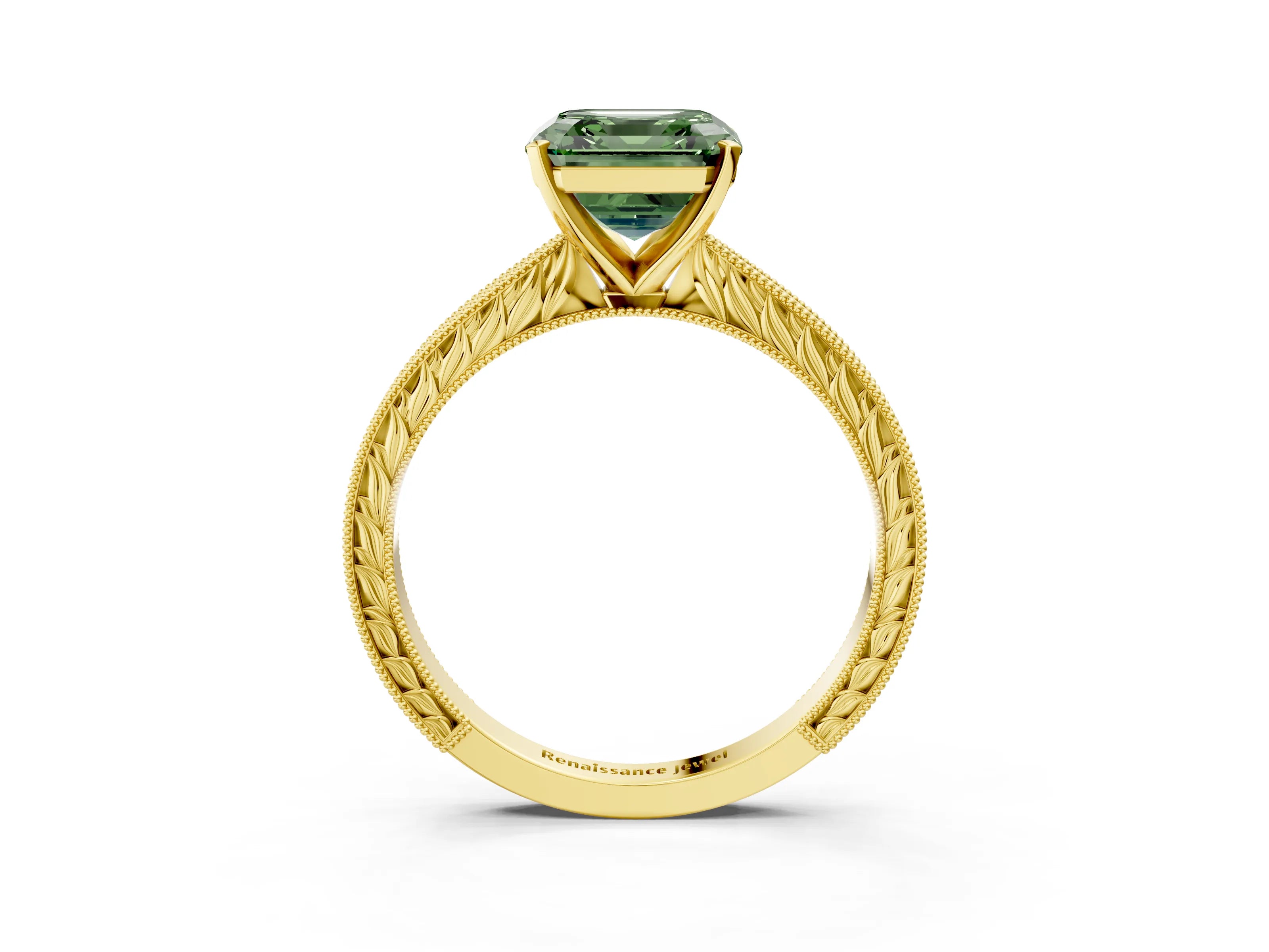Yellow gold Fancy Green Asscher Cut Solitaire Milgrain Engraved Band with Four-Prong Setting_3