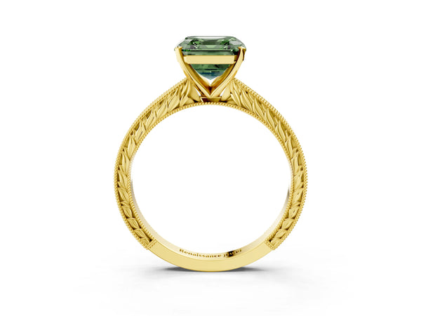 Yellow Gold Asscher Cut Solitaire Engagement Ring Setting for Fancy Green Center with Engraved Band