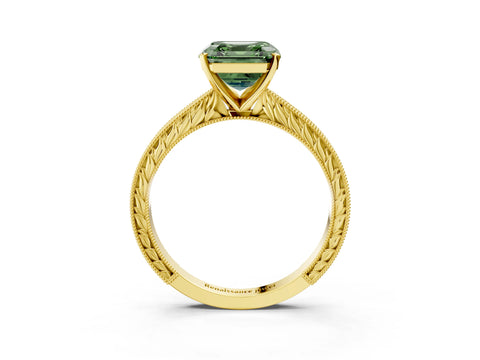 Yellow gold Fancy Green Asscher Cut Solitaire Milgrain Engraved Band with Four-Prong Setting_3
