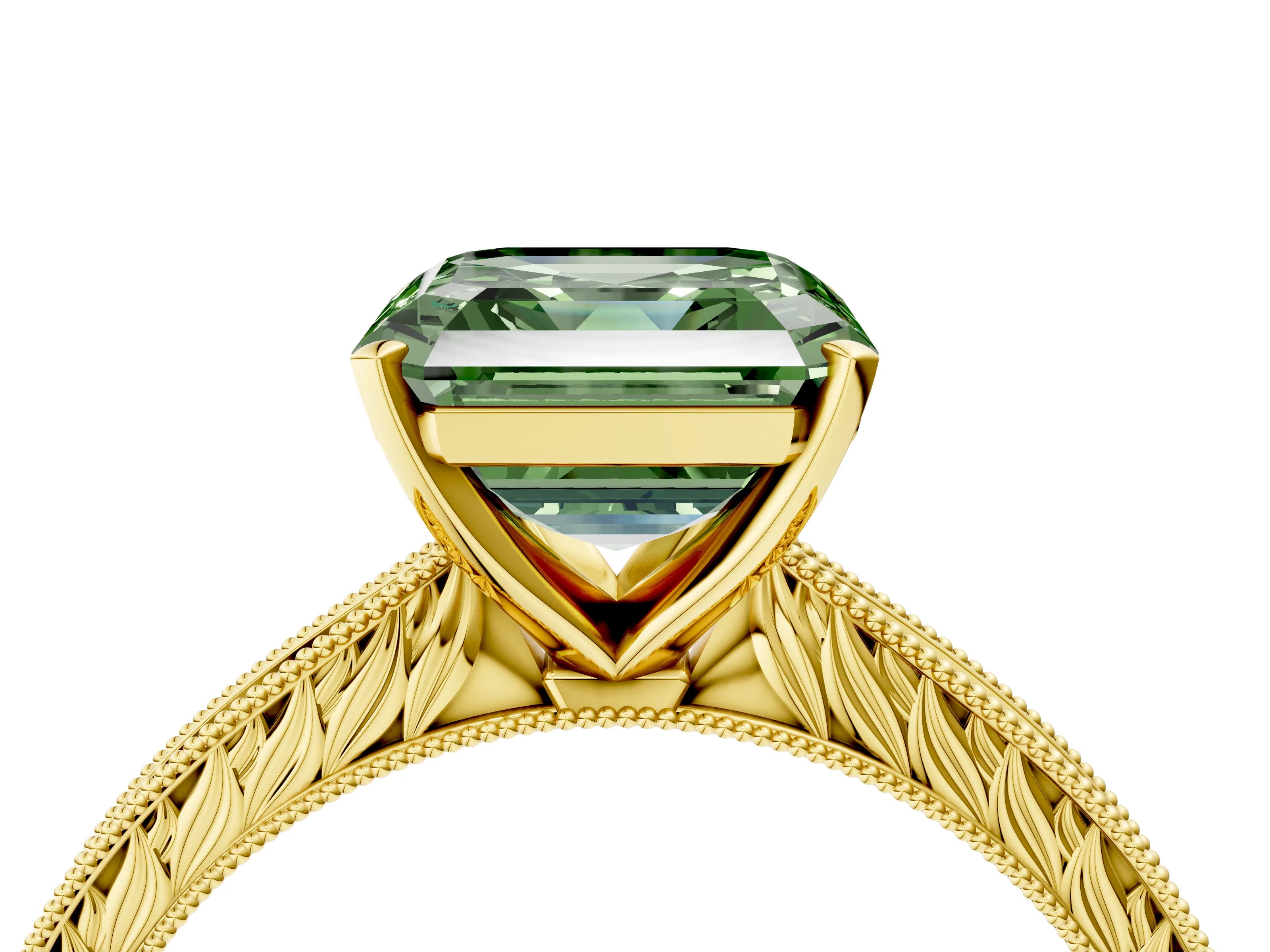 Yellow gold Fancy Green Asscher Cut Solitaire Milgrain Engraved Band with Four-Prong Setting_4