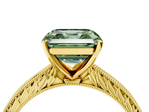 Yellow gold Fancy Green Asscher Cut Solitaire Milgrain Engraved Band with Four-Prong Setting_4