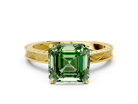 Yellow gold Fancy Green Asscher Cut Solitaire Milgrain Engraved Band with Four-Prong Setting