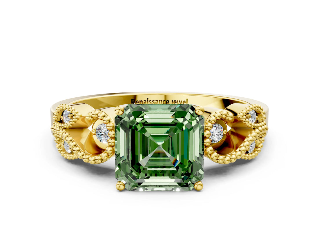 Yellow gold Fancy Green Asscher Cut Solitaire Milgrain Leaf Band with Prong Setting_12