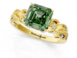 Yellow gold Fancy Green Asscher Cut Solitaire Milgrain Leaf Band with Prong Setting_13