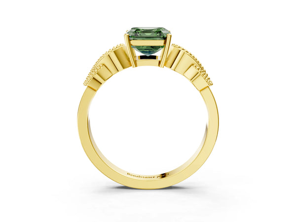 Yellow Gold Asscher Cut Vintage Solitaire Engagement Ring Setting for Fancy Green Center