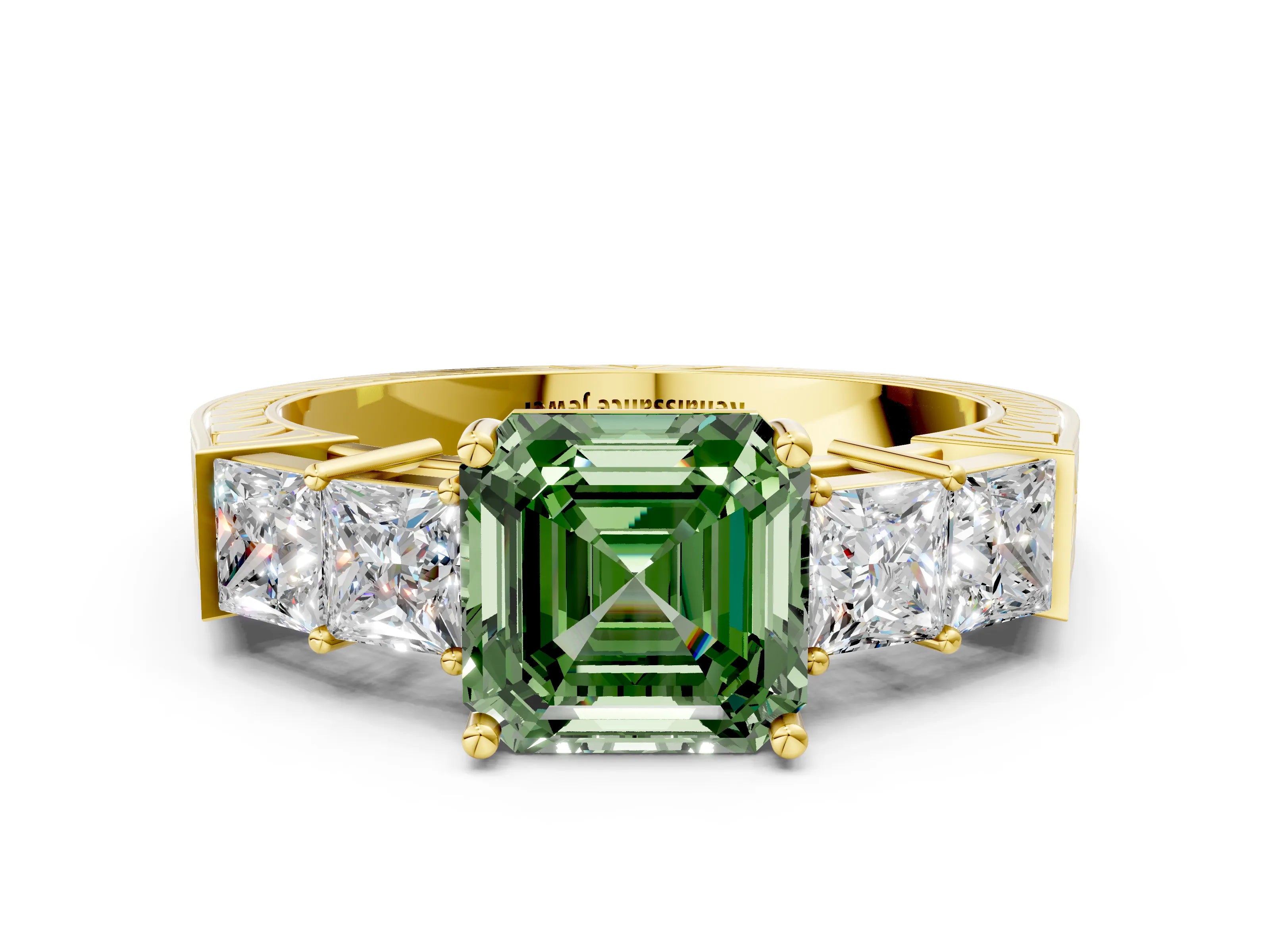 Yellow gold Fancy Green Asscher Cut Solitaire Princess Side Stone Engraved Band Prong Setting Ring