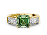 Yellow gold Fancy Green Asscher Cut Solitaire Princess Side Stone Engraved Band Prong Setting Ring