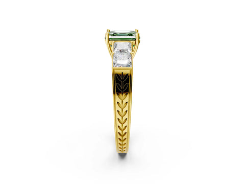 Yellow gold Fancy Green Asscher Cut Solitaire Princess Side Stone Engraved Band Prong Setting Ring_2