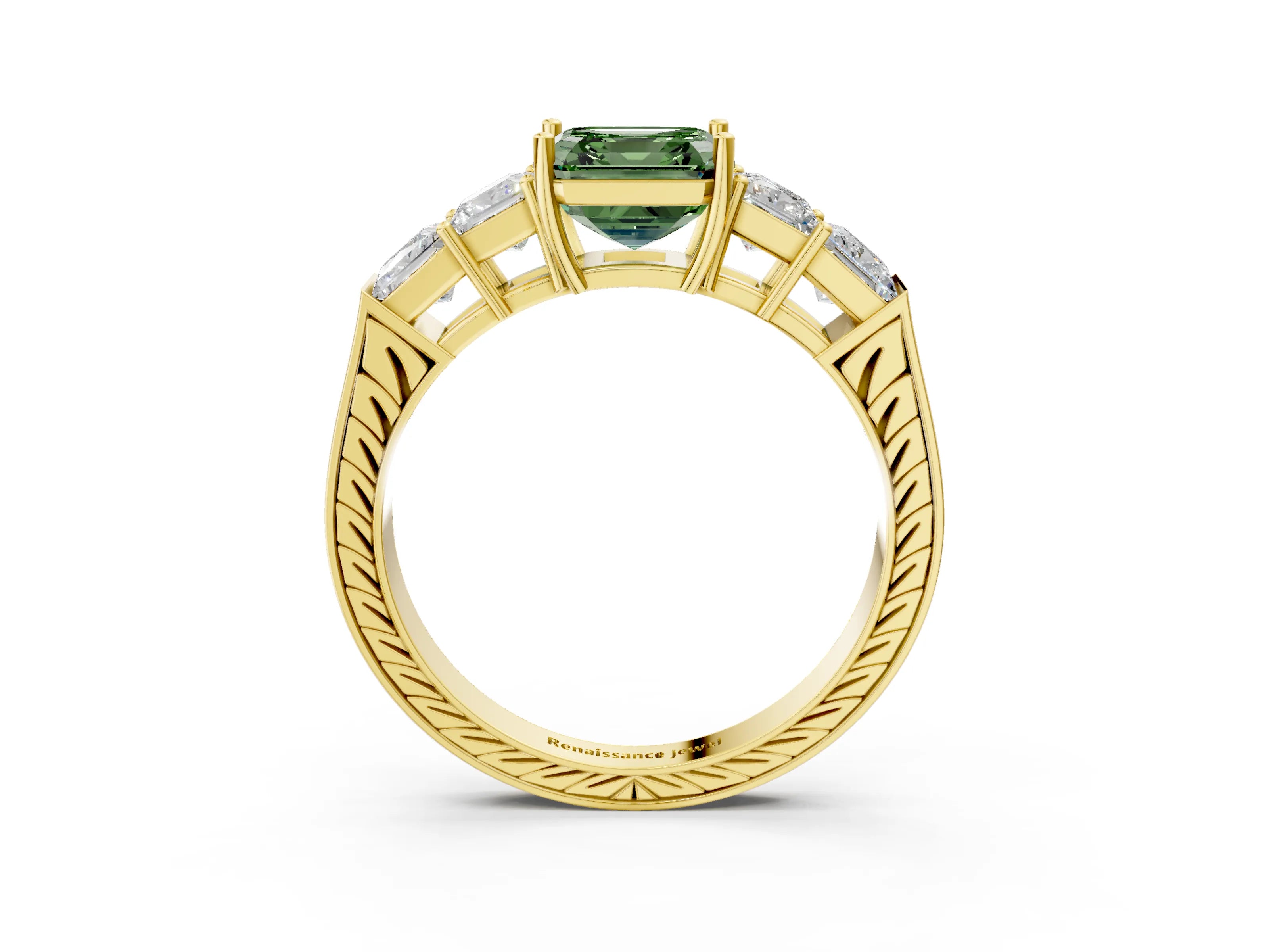 Yellow gold Fancy Green Asscher Cut Solitaire Princess Side Stone Engraved Band Prong Setting Ring_3