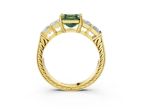 Yellow gold Fancy Green Asscher Cut Solitaire Princess Side Stone Engraved Band Prong Setting Ring_3