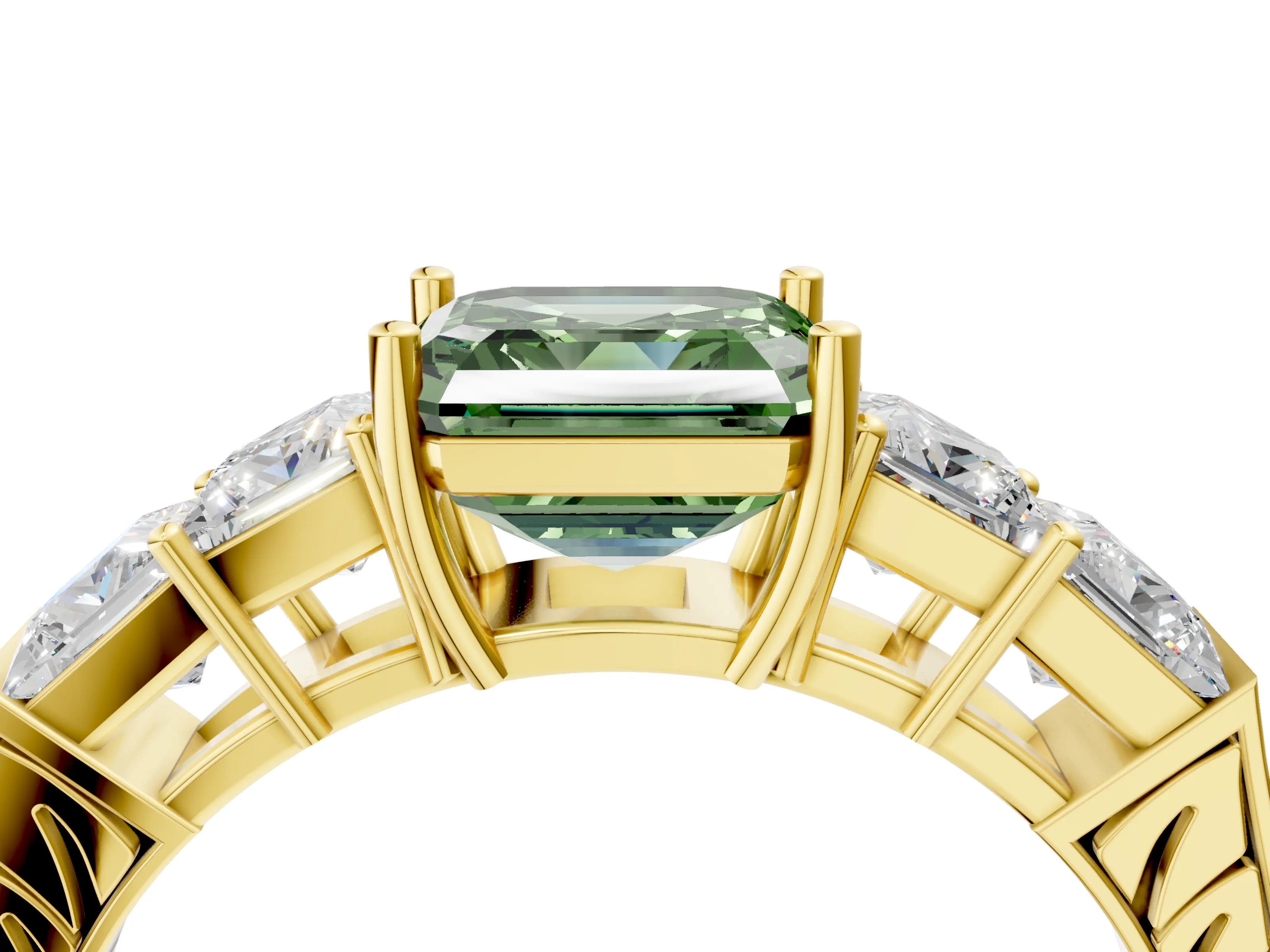 Yellow gold Fancy Green Asscher Cut Solitaire Princess Side Stone Engraved Band Prong Setting Ring_4