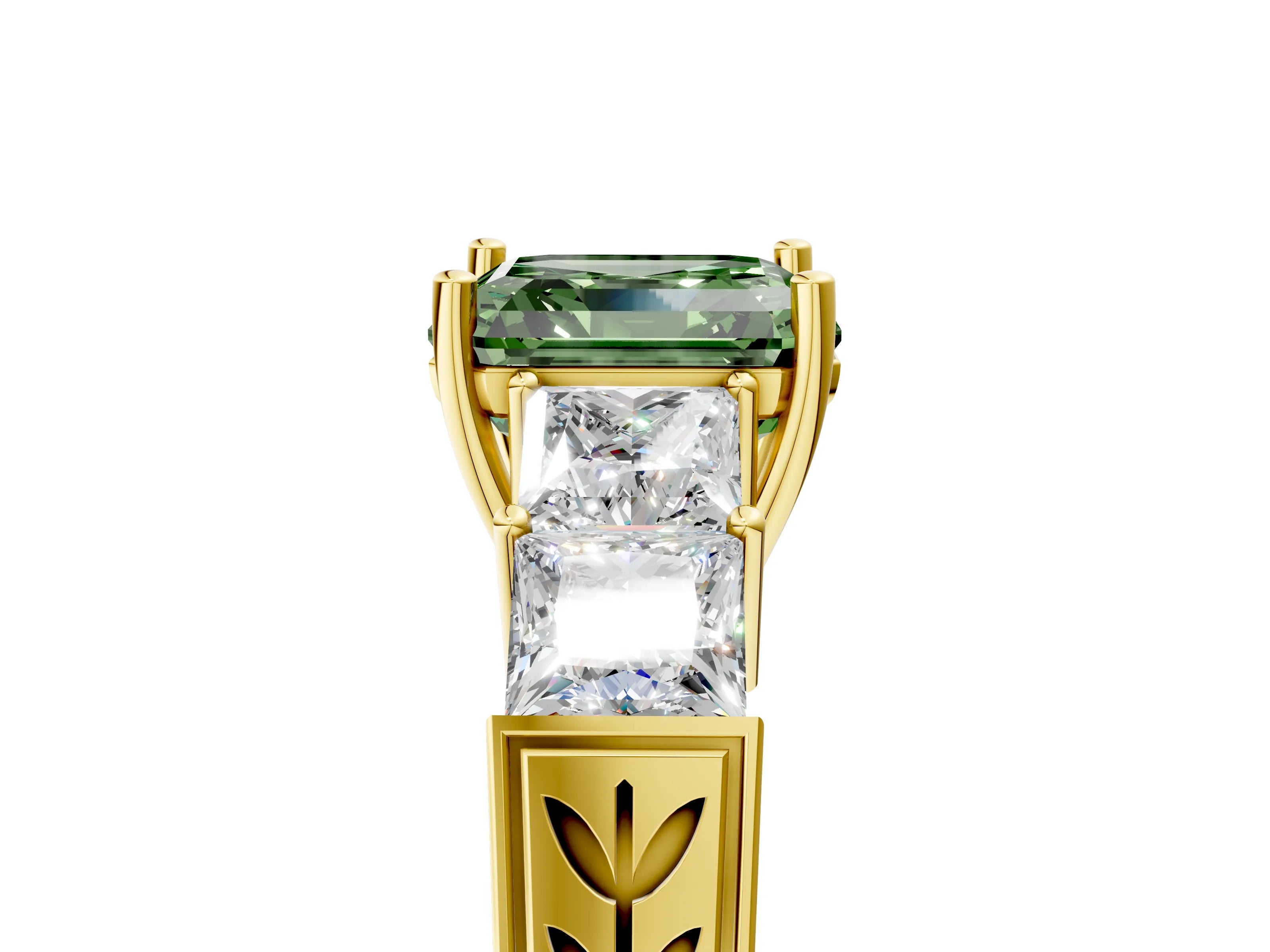 Yellow gold Fancy Green Asscher Cut Solitaire Princess Side Stone Engraved Band Prong Setting Ring_5