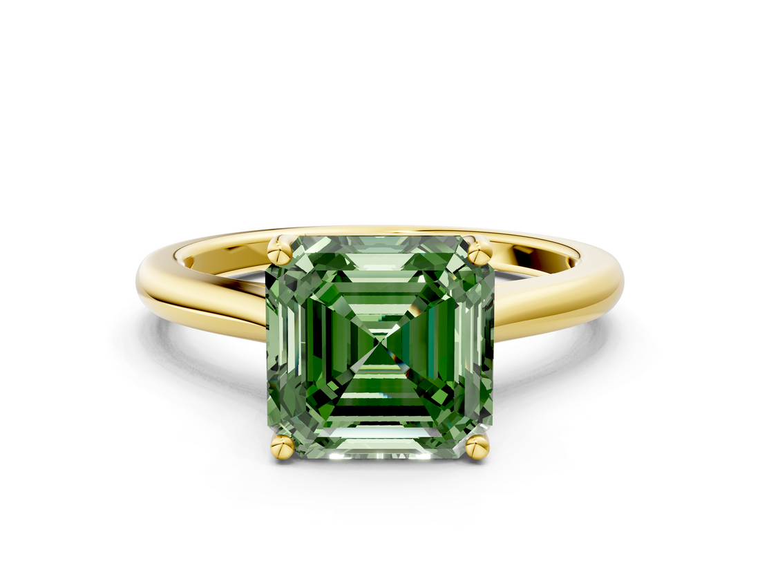Yellow gold Fancy Green Asscher  Cut Solitaire Ring with Cathedral Band and Four-Prong Setting