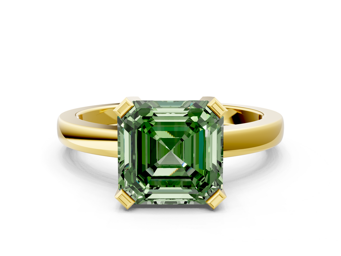 Yellow gold Fancy Green Asscher  Cut Solitaire Ring with Four-Prong Setting and Classic Band_17