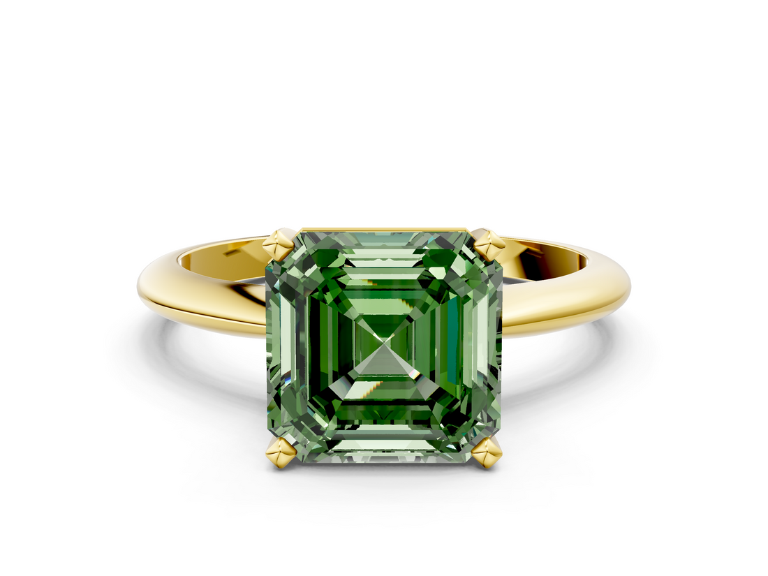 Yellow gold Fancy Green Asscher  Cut Solitaire Ring with Four-Prong Setting on a Classic Band