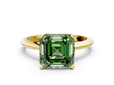 Yellow gold Fancy Green Asscher  Cut Solitaire Ring with Four-Prong Setting on a Classic Band