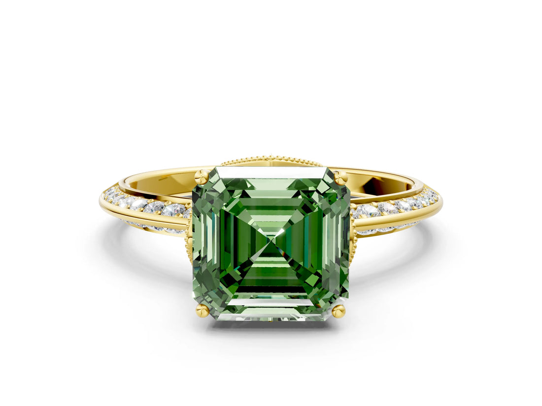 Yellow gold Fancy Green Asscher Cut Solitaire Split Shank Pave Diamond Engagement Ring with Four-Prong Setting