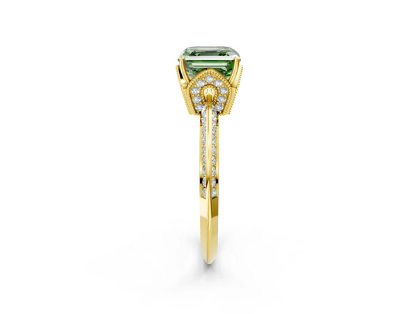 Yellow Gold Asscher Cut Graduated Pave Engagement Ring Setting for Fancy Green Center