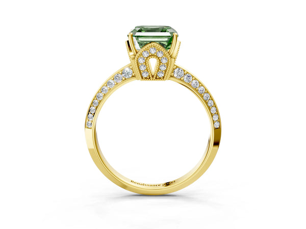 Yellow Gold Asscher Cut Graduated Pave Engagement Ring Setting for Fancy Green Center