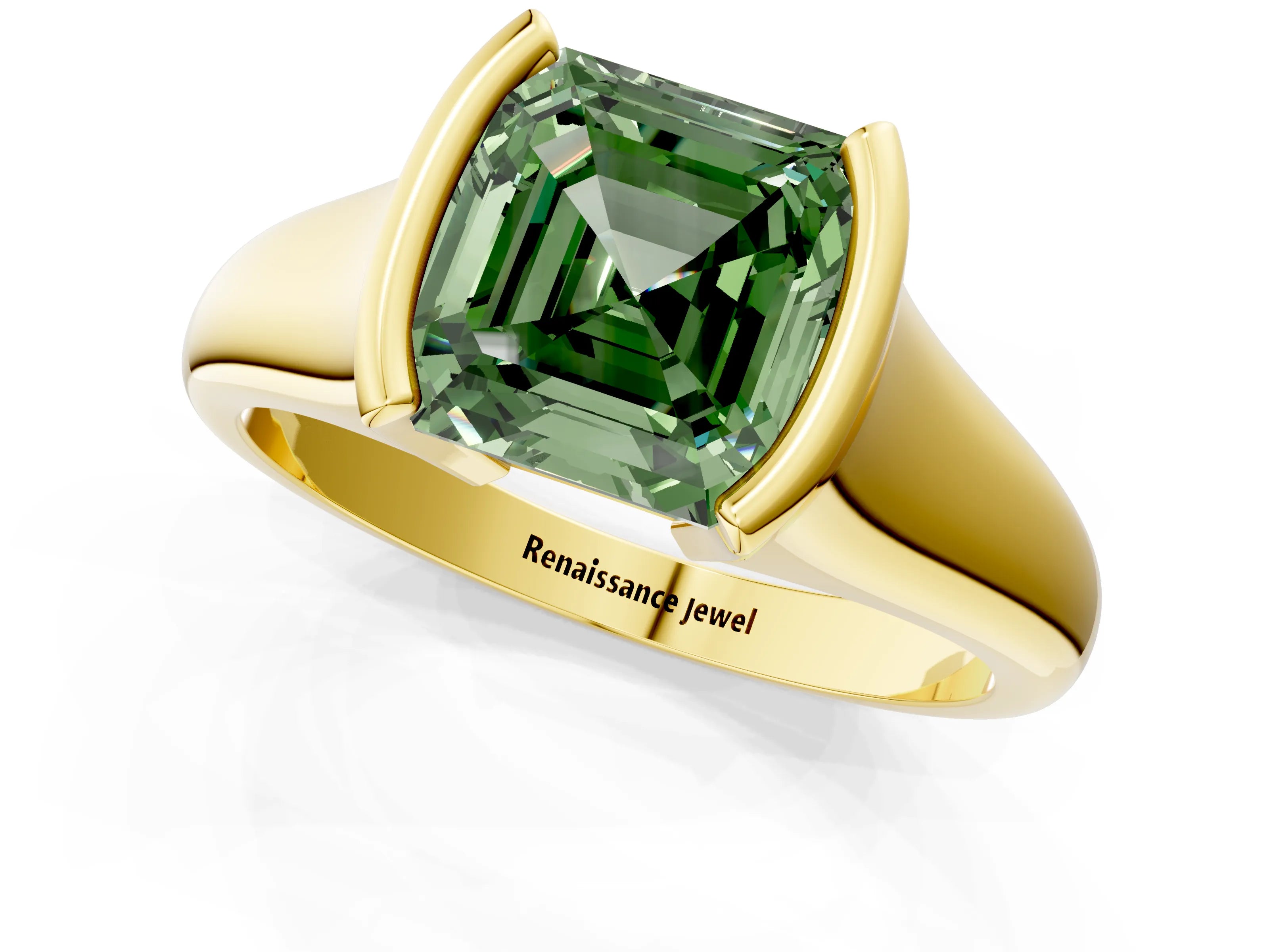Yellow gold Fancy Green Asscher Cut Solitaire Tension Set Diamond Ring with Split Shank Band_1