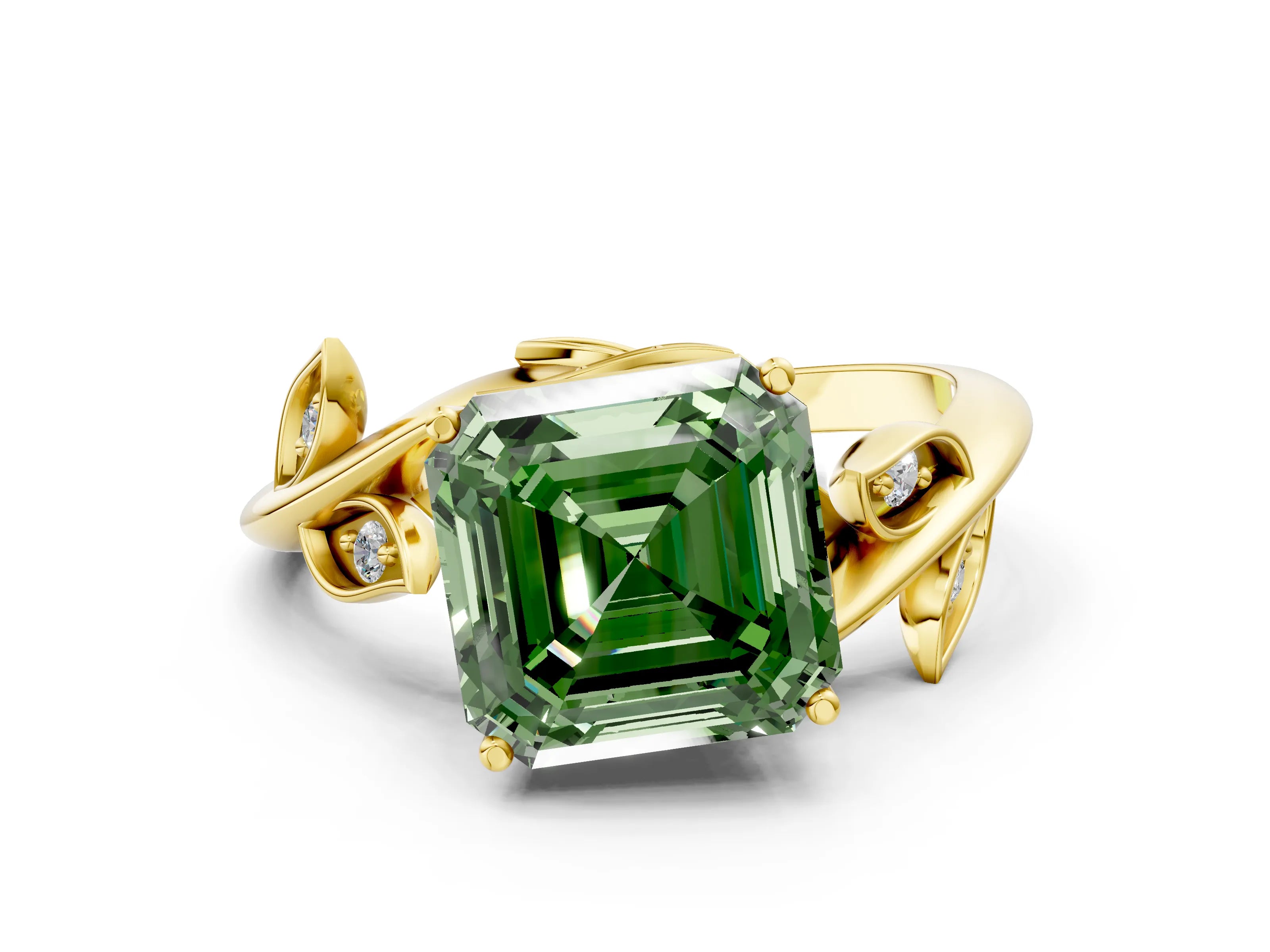 Yellow gold Fancy Green Asscher Cut Solitaire Twist Engagement Ring with Leaf Accents and Prong Setting_12