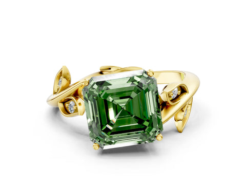 Yellow gold Fancy Green Asscher Cut Solitaire Twist Engagement Ring with Leaf Accents and Prong Setting_12